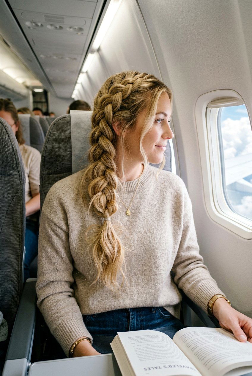 Loose Dutch Side Braid For Flights - 20 airplane hairstyles for long hair - 20 airplane hairstyles for long hair