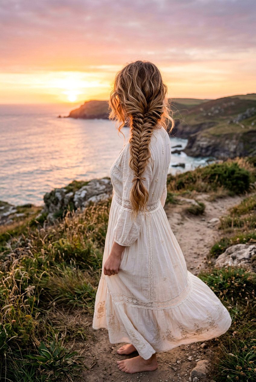 Loose Fishtail Braid At Sunset - 20 sunset photo shoot hairstyles - 20 sunset photo shoot hairstyles