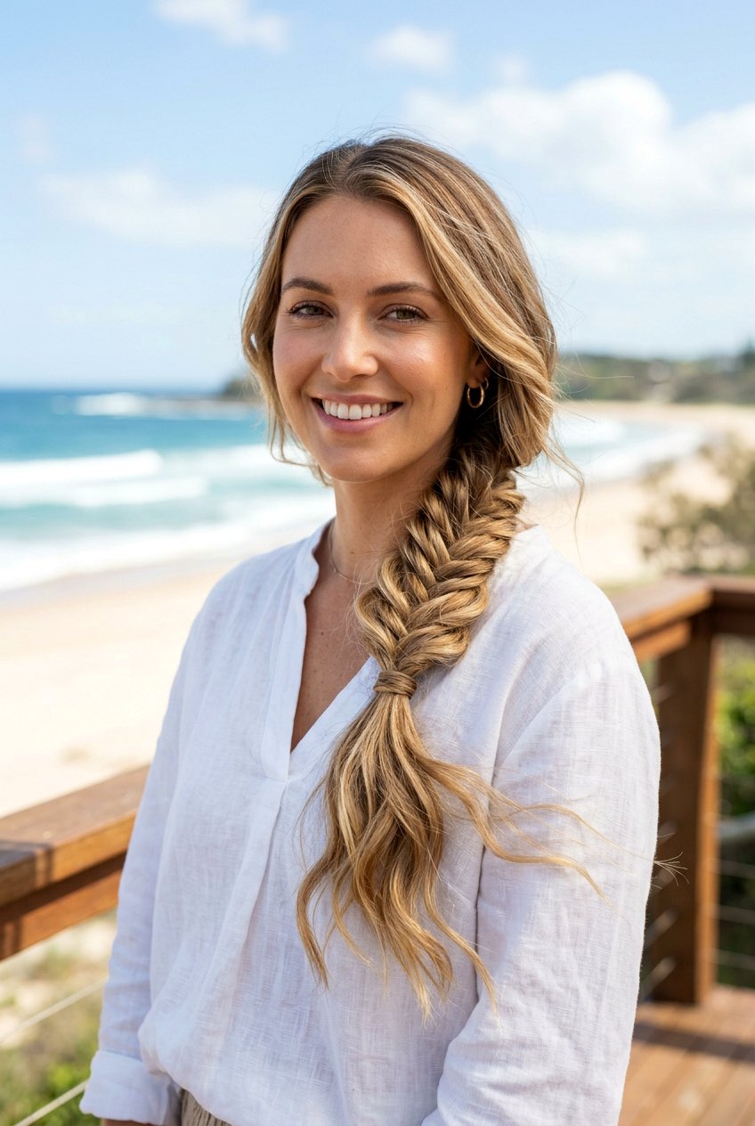 Loose Fishtail Braid With Beach Waves - 20 beach hairstyle with loose fishtail braid - 20 beach hairstyle with loose fishtail braid