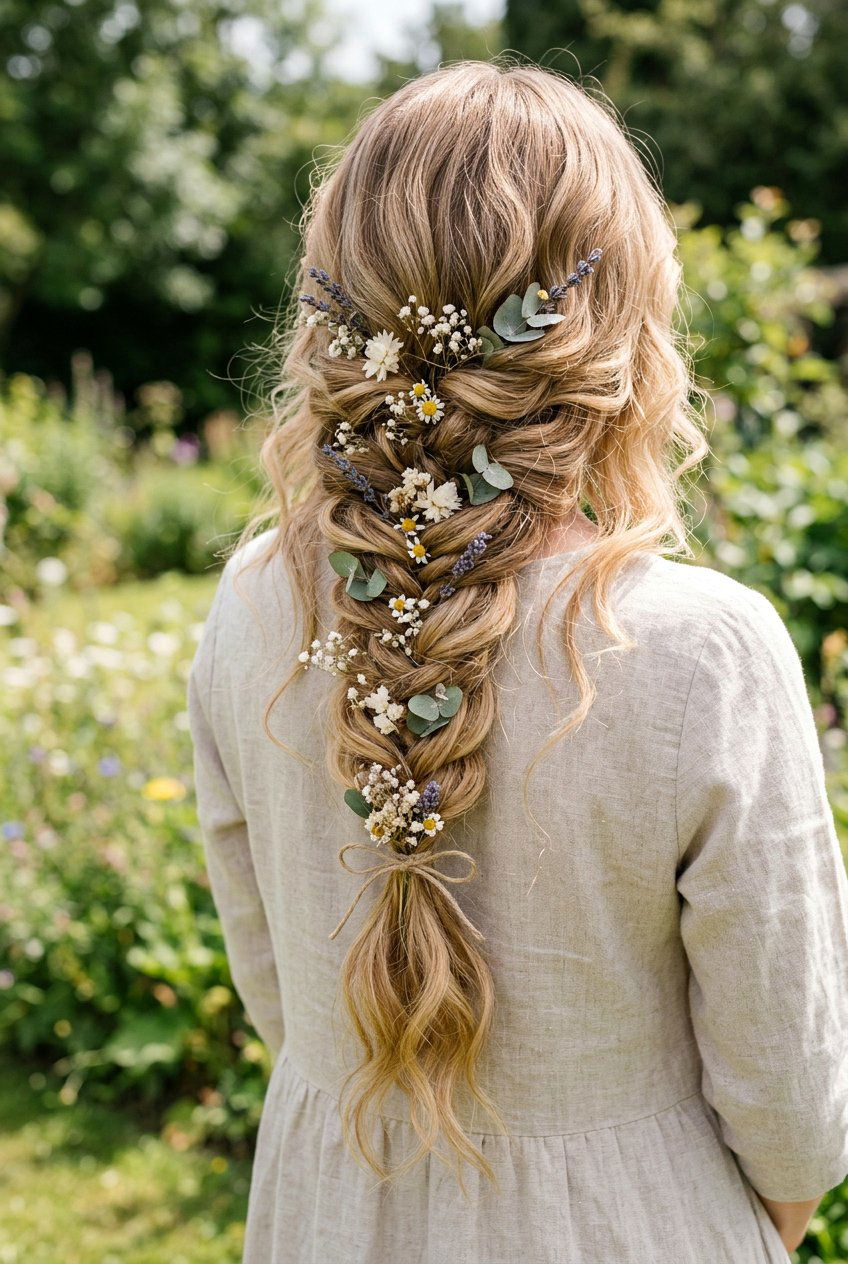 Loose Fishtail Braid With Dried Flowers - 20 boho braid with dried flowers - 20 boho braid with dried flowers