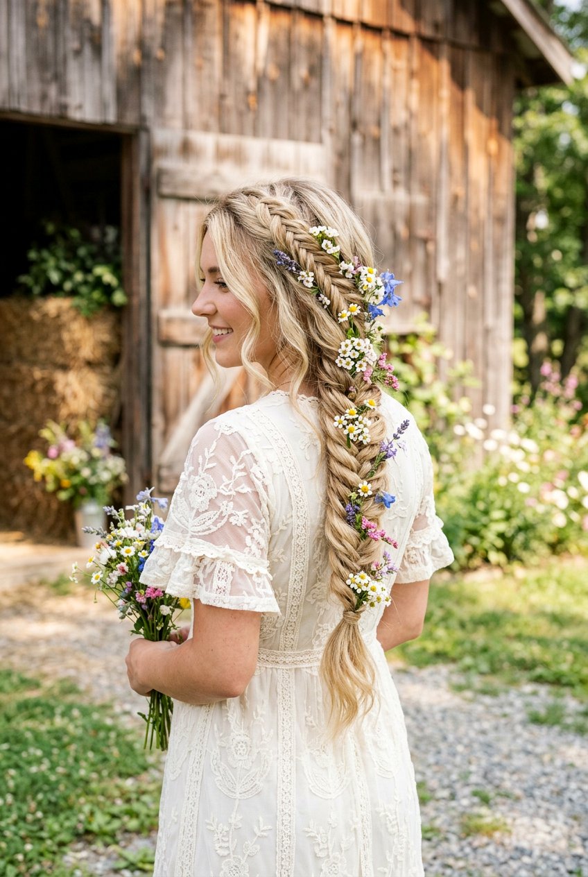 Loose Fishtail Braid With Flowers - 20 bohemian wedding hairstyles - 20 bohemian wedding hairstyles