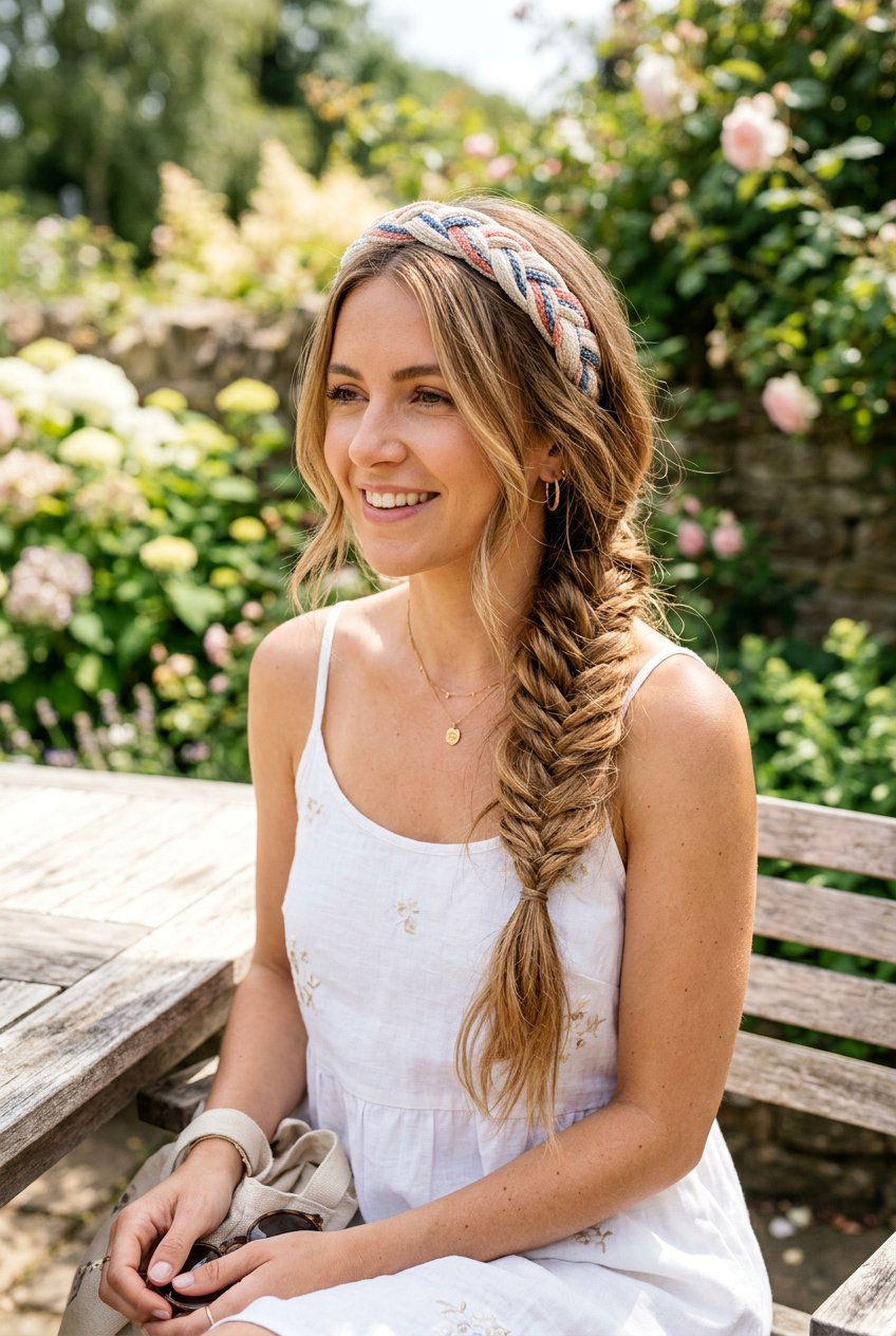 Loose Fishtail Braid With Headband - 20 beach hairstyle with loose fishtail braid - 20 beach hairstyle with loose fishtail braid