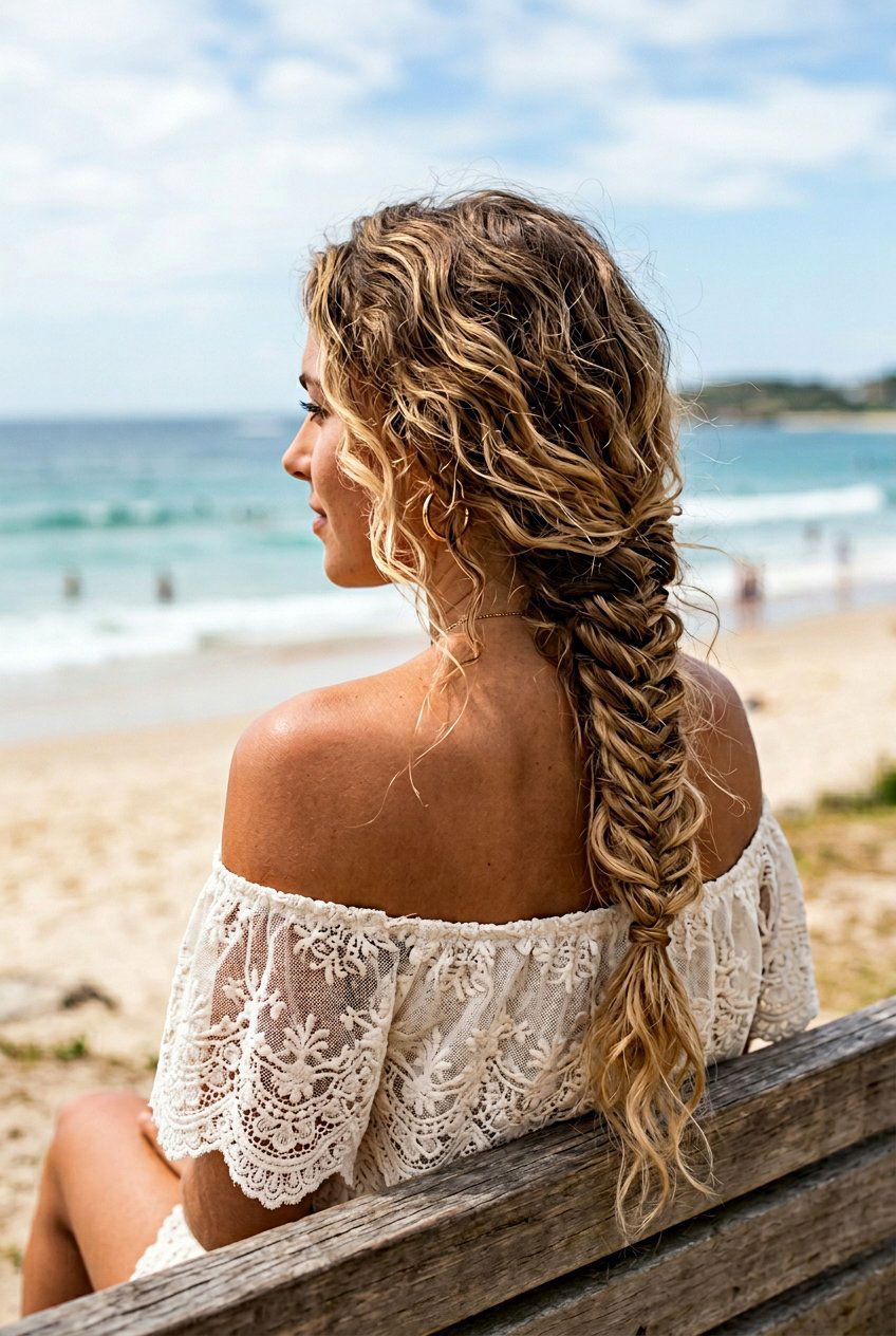 Loose Fishtail Braid With Saltwater Waves - 20 beach hairstyle with saltwater waves - 20 beach hairstyle with saltwater waves