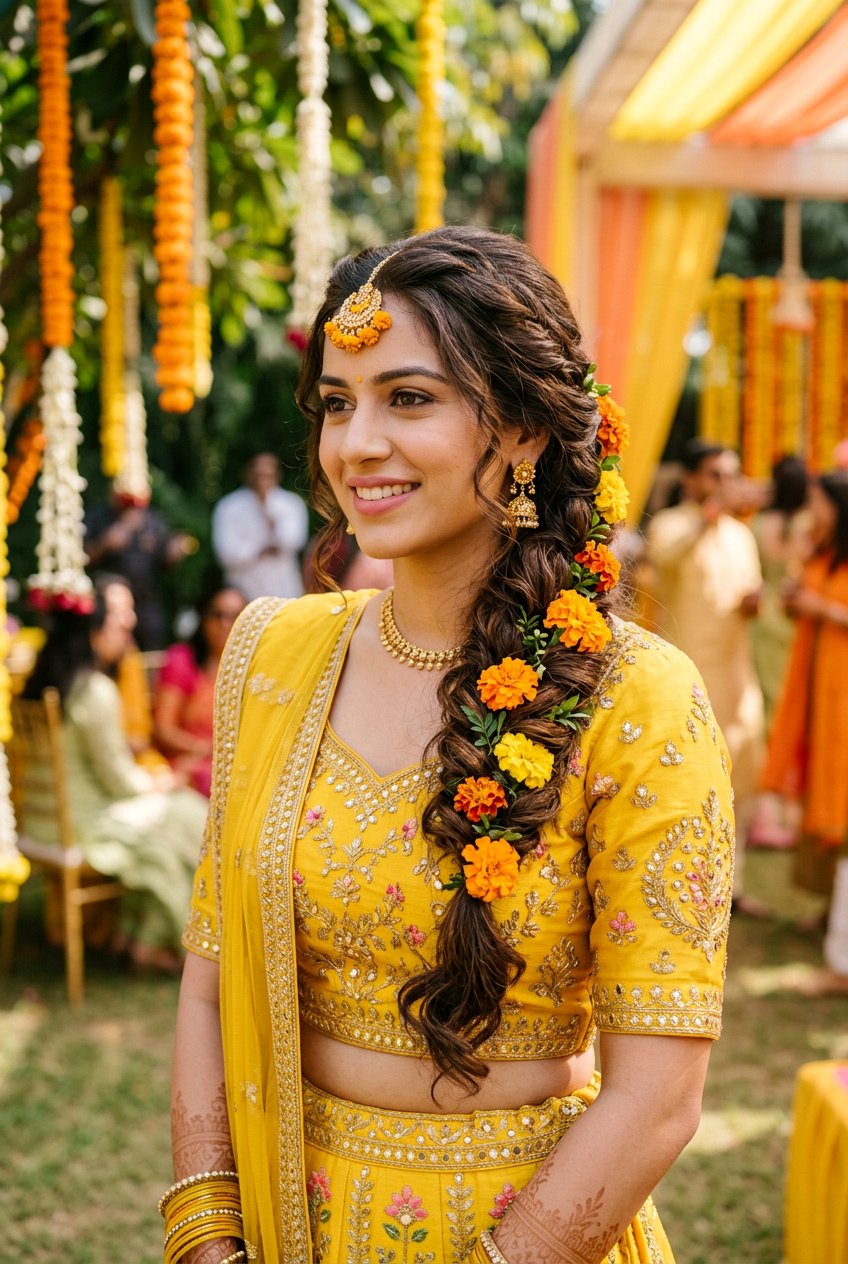Loose Floral Braid for Mehndi - 20 mehndi hairstyles - 20 mehndi hairstyles