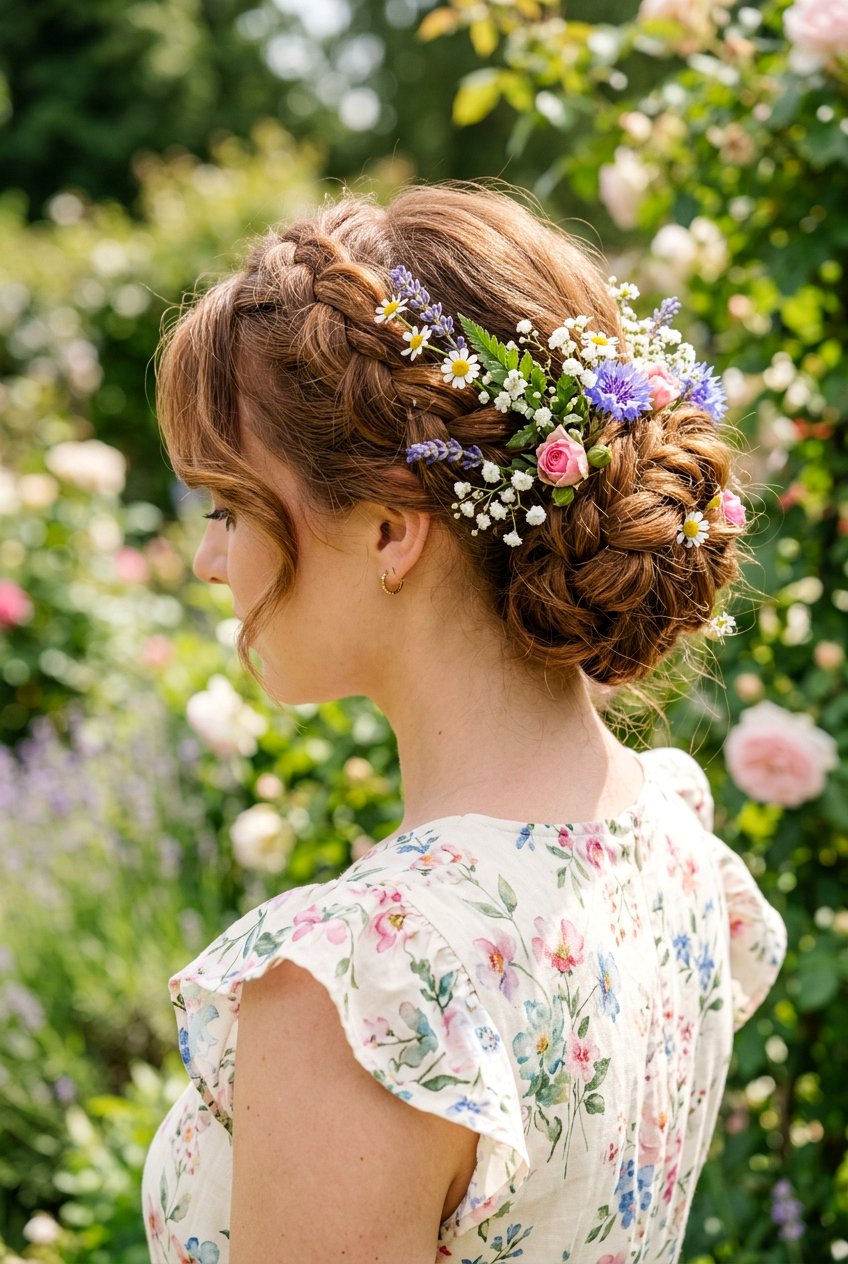 Loose Flower Adorned Braid Updo - 20 bridal hairstyle for boho braid updo - 20 bridal hairstyle for boho braid updo