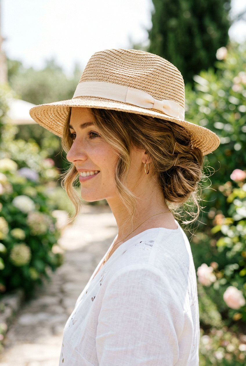 Loose French Twist With Sun Hat - 20 beach hairstyle for thick straight hair - 20 beach hairstyle for thick straight hair