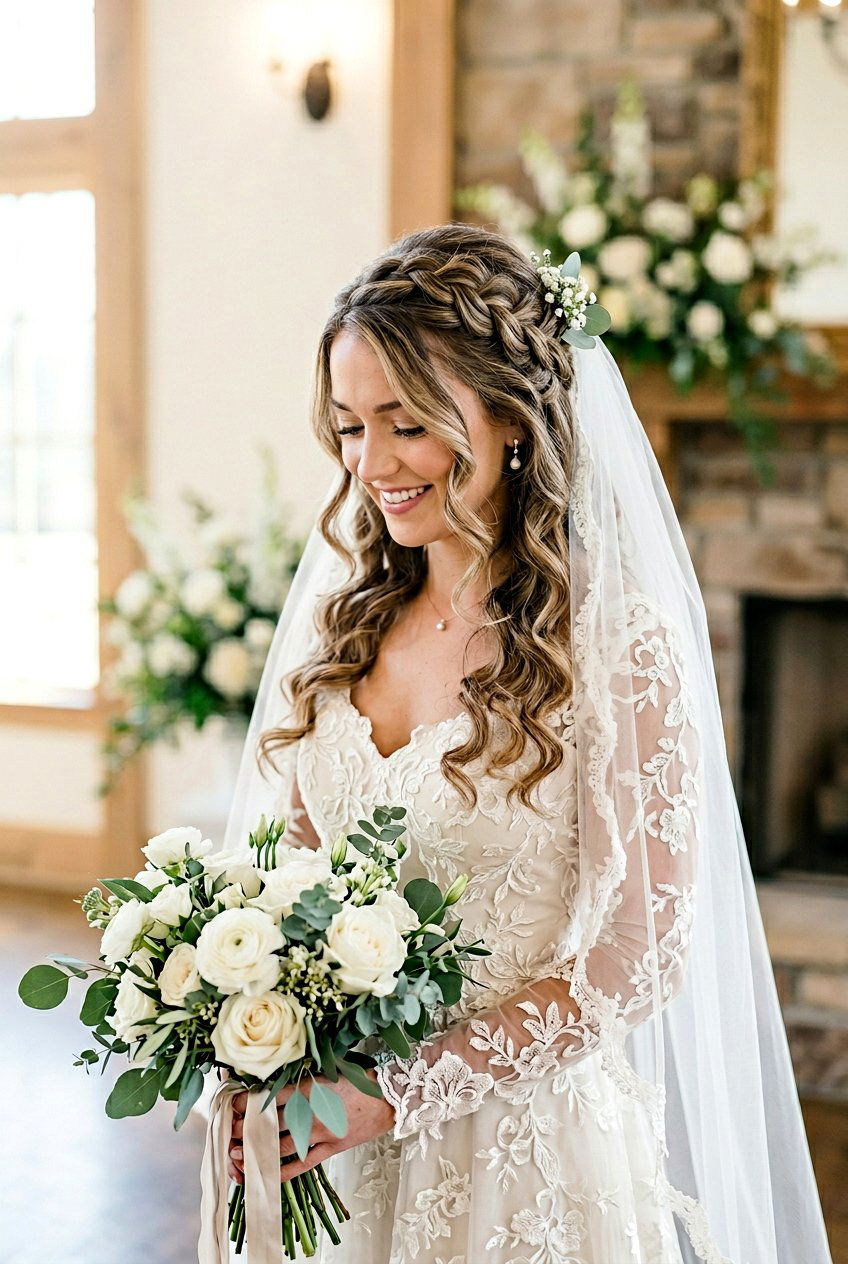 Loose Half Up Braid With Blusher Veil - 20 bridal half up braid with veil - 20 bridal half up braid with veil