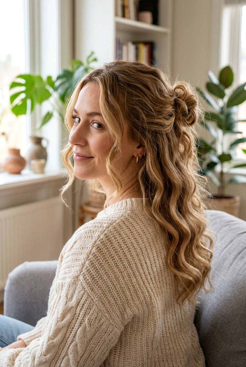 Loose Half Up Knot On Wavy Hair - 20 date night half up hairstyle - 20 date night half up hairstyle