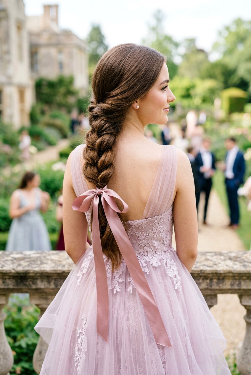 Loose Low Braid With Ribbon - 20 prom hairstyle for long thick straight hair - 20 prom hairstyle for long thick straight hair