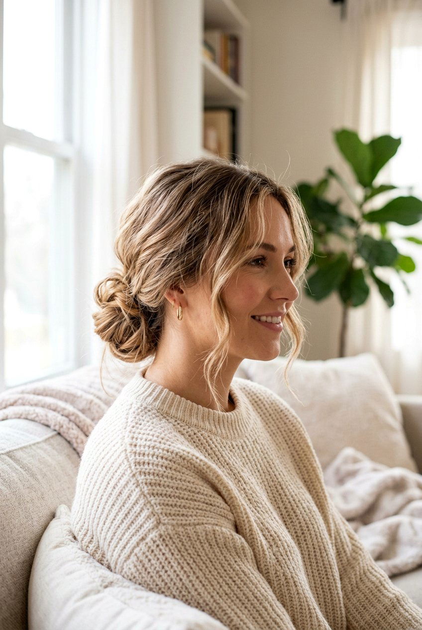 Loose Low Bun With Face Framing Strands - 20 lazy college hairstyles - 20 lazy college hairstyles