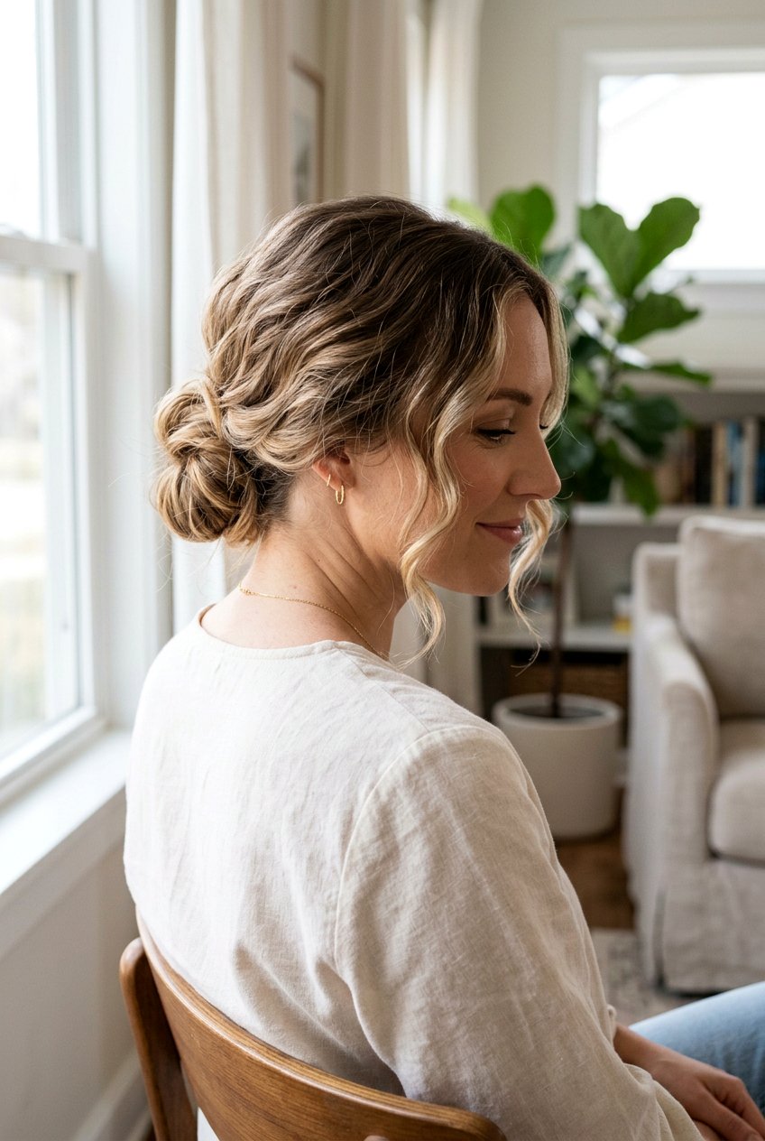 Loose Low Bun with Soft Waves for Family Portraits - 20 family portrait hairstyles for women - 20 family portrait hairstyles for women