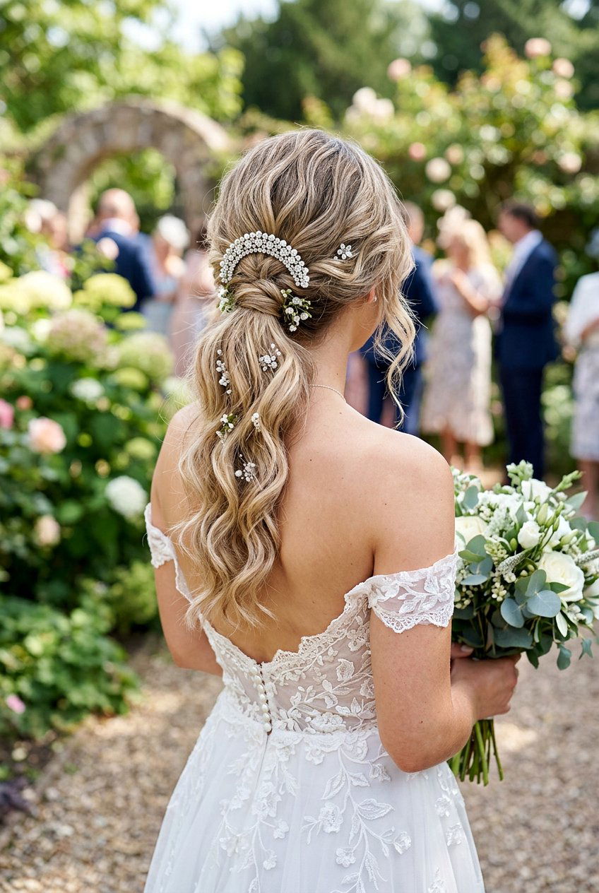 Loose Low Ponytail With Crystal Hairpins - 20 crystal hairpin bridal hairstyle - 20 crystal hairpin bridal hairstyle
