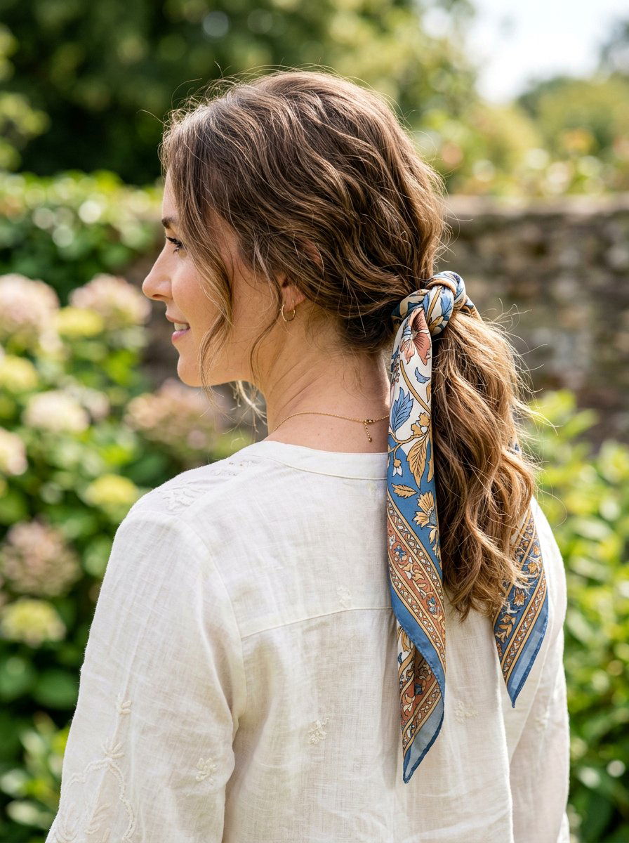 Loose Low Ponytail With Scarf - 20 hot weather hairstyles for women - 20 hot weather hairstyles for women