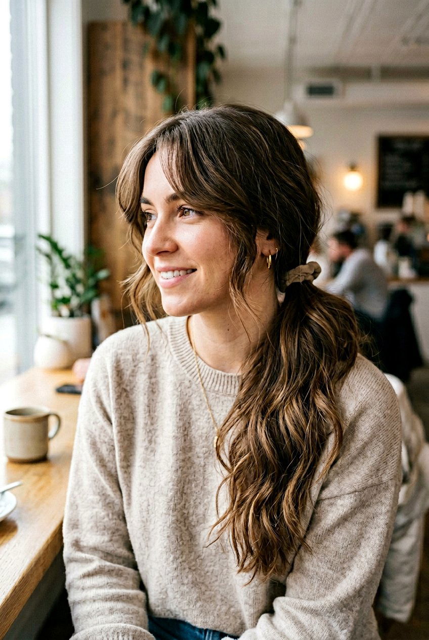 Loose Low Ponytail With Side Part for Long Hair - 20 monsoon hairstyle for long hair - 20 monsoon hairstyle for long hair