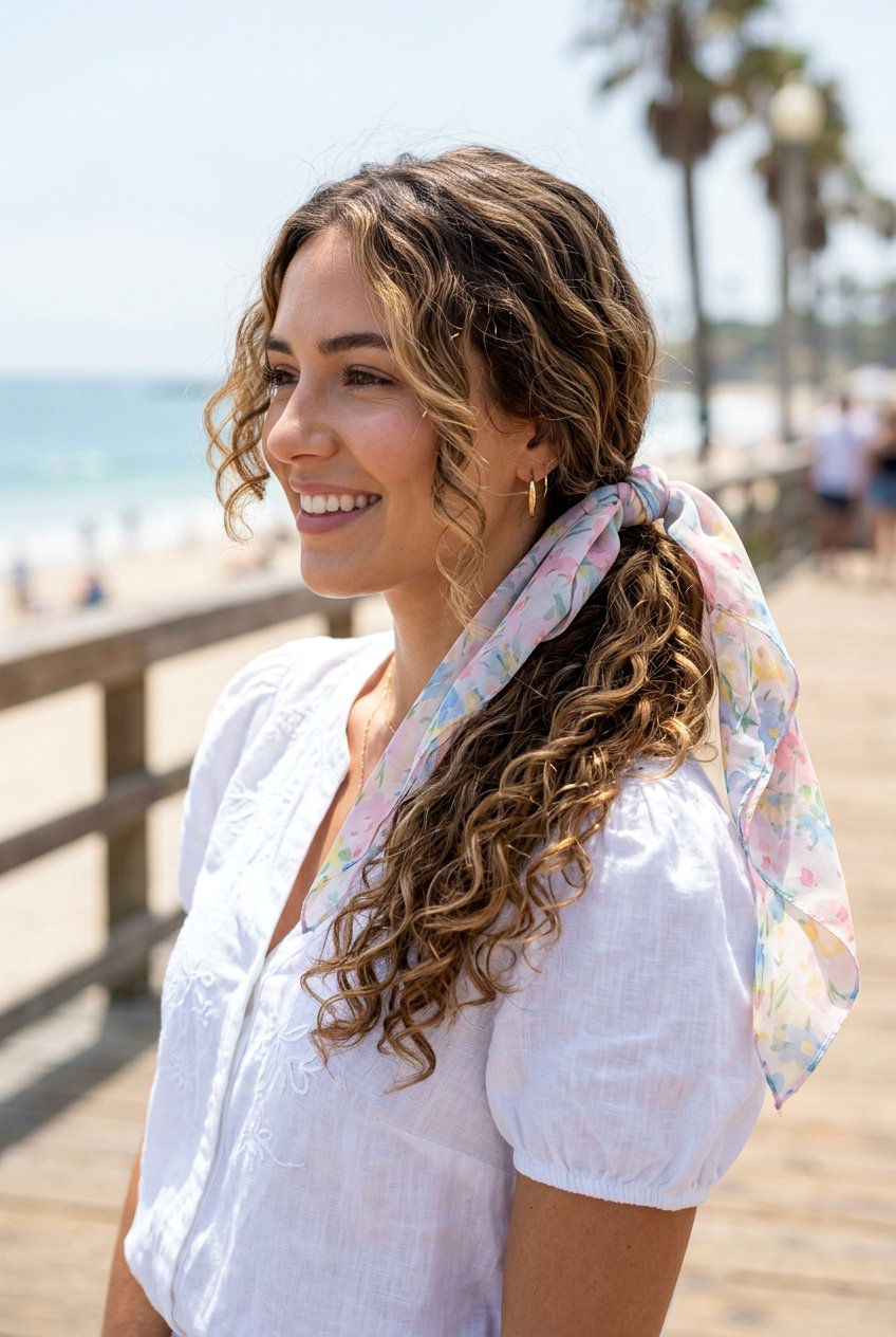 Loose Low Scarf Ponytail With Beach Curls - 20 beach hairstyle with low scarf ponytail - 20 beach hairstyle with low scarf ponytail