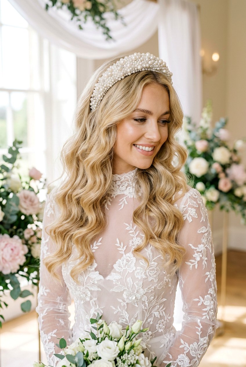 Loose Romantic Waves With Pearl Headband - 20 bridal hairstyle with pearl headband - 20 bridal hairstyle with pearl headband