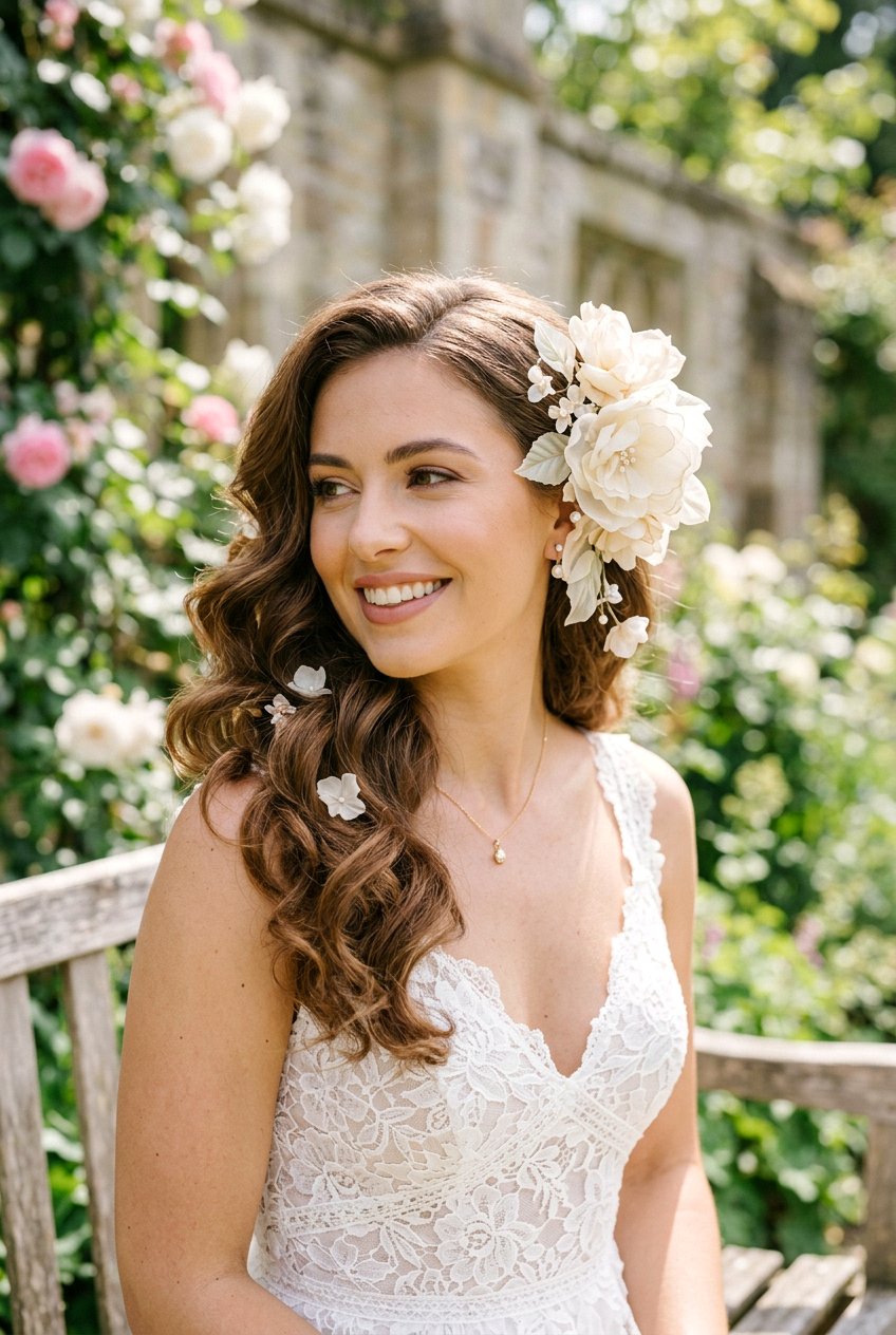 Loose Romantic Waves With Silk Petal Pins - 20 bridal hairstyle with floral pins - 20 bridal hairstyle with floral pins