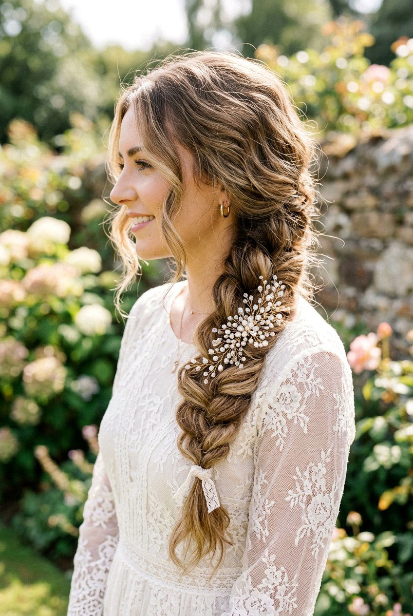 Loose Side Braid - 20 bridal hairstyle with crystal comb - 20 bridal hairstyle with crystal comb