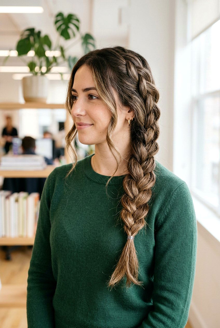 Loose Side Braid - 20 easy work hairstyle for long curly hair - 20 easy work hairstyle for long curly hair