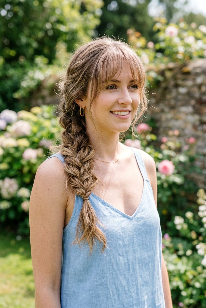 Loose Side Braid With Wispy Fringe - 20 wedding guest hairstyle for women with bangs - 20 wedding guest hairstyle for women with bangs