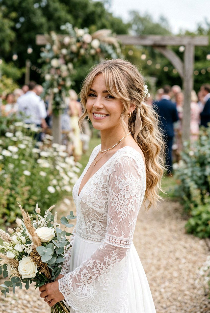 Loose Textured Ponytail With Curtain Bangs - 20 bridal hairstyle with textured ponytail - 20 bridal hairstyle with textured ponytail