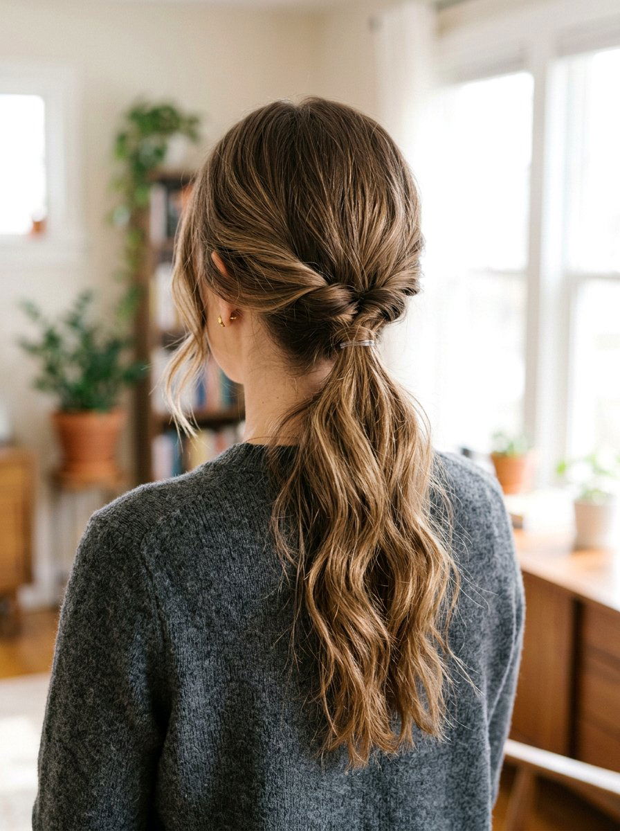 Loose Twisted Low Ponytail - 20 soft glam hairstyle for long straight hair - 20 soft glam hairstyle for long straight hair