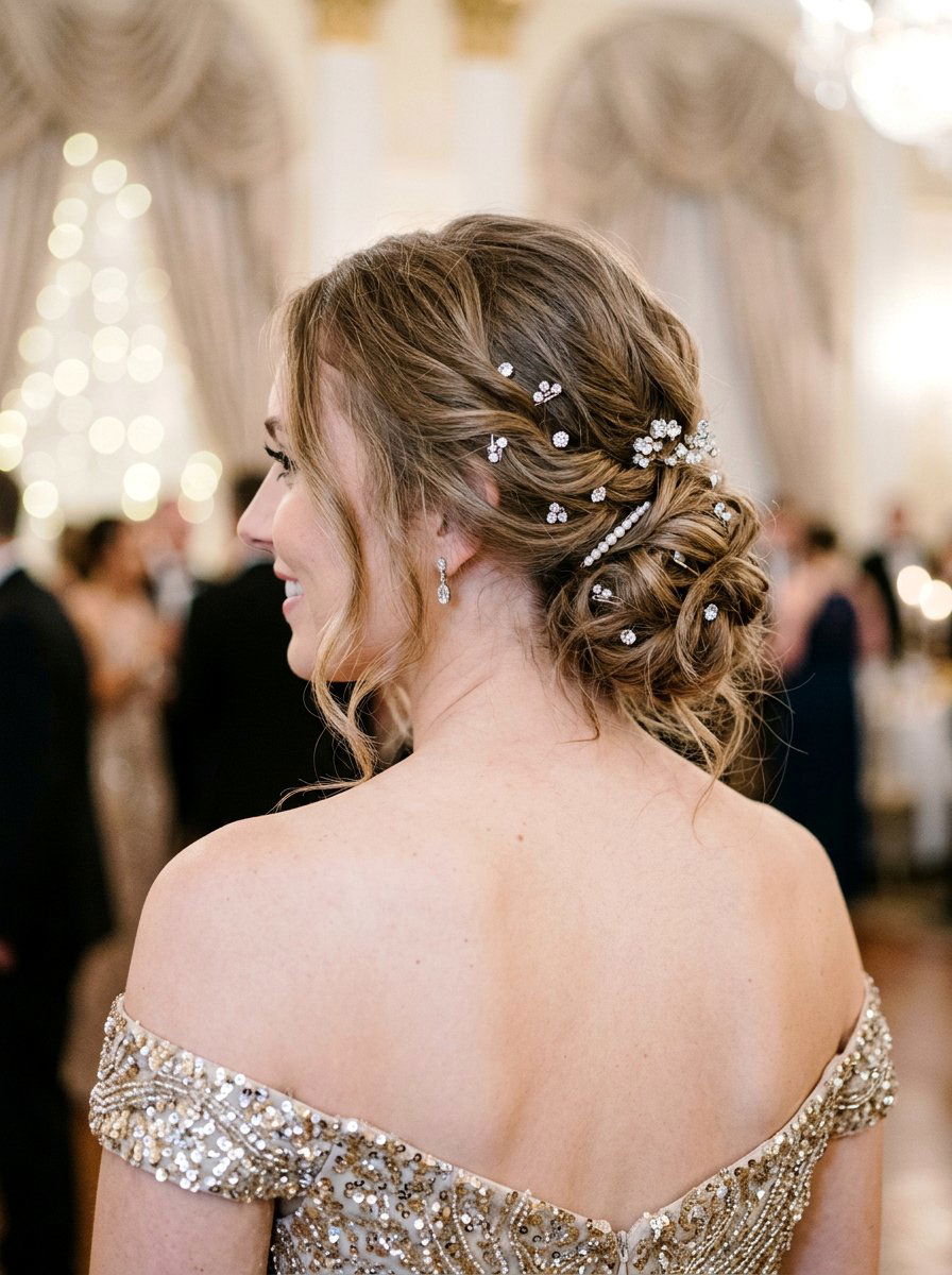 Loose Updo With Sparkly Clips - 20 soft glam hairstyle for prom - 20 soft glam hairstyle for prom