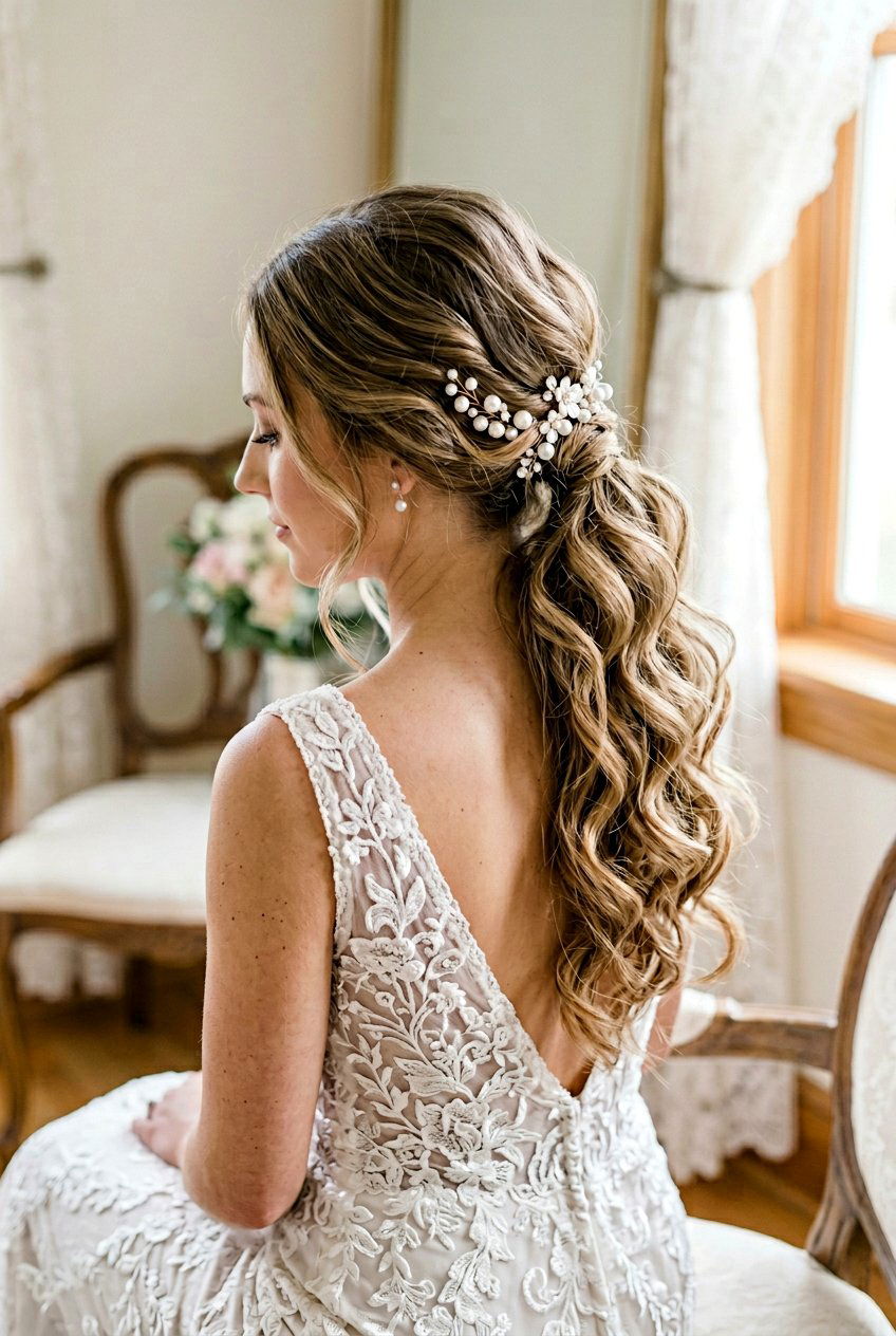 Loose Waves Bridal Ponytail - 20 bridal ponytail with pearl pins - 20 bridal ponytail with pearl pins