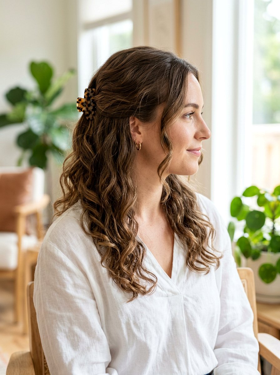 Loose Waves Half Up Claw Clip - 20 school half up claw clip hairstyle - 20 school half up claw clip hairstyle