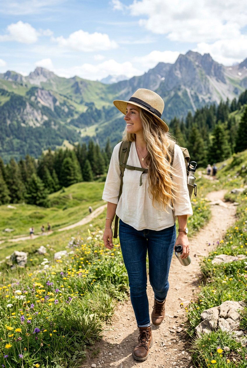 Loose Waves Under Wide Brim Hat For Hiking Long Hair - 20 hiking hairstyles for long hair - 20 hiking hairstyles for long hair