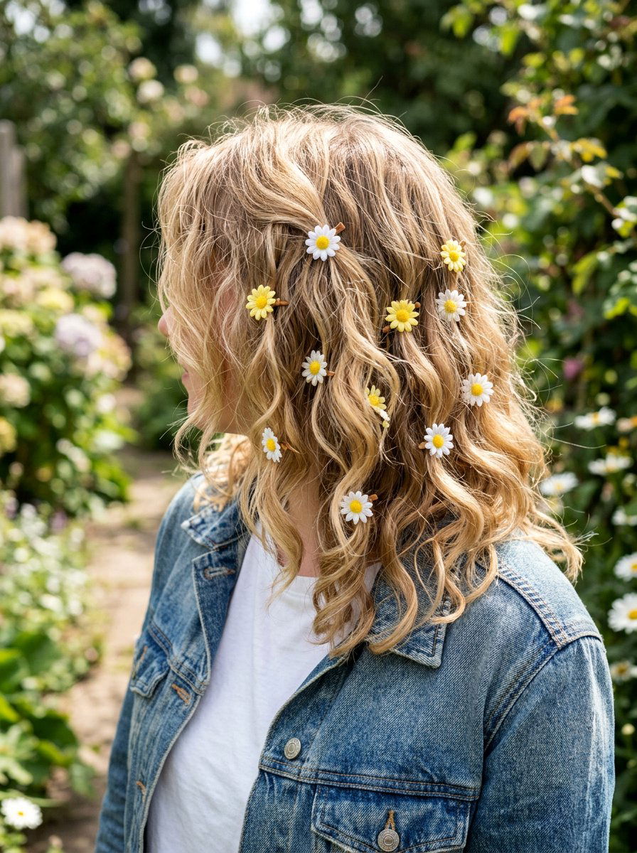 Loose Waves With Daisy Hair Clips - 20 soft waves with flower clips - 20 soft waves with flower clips