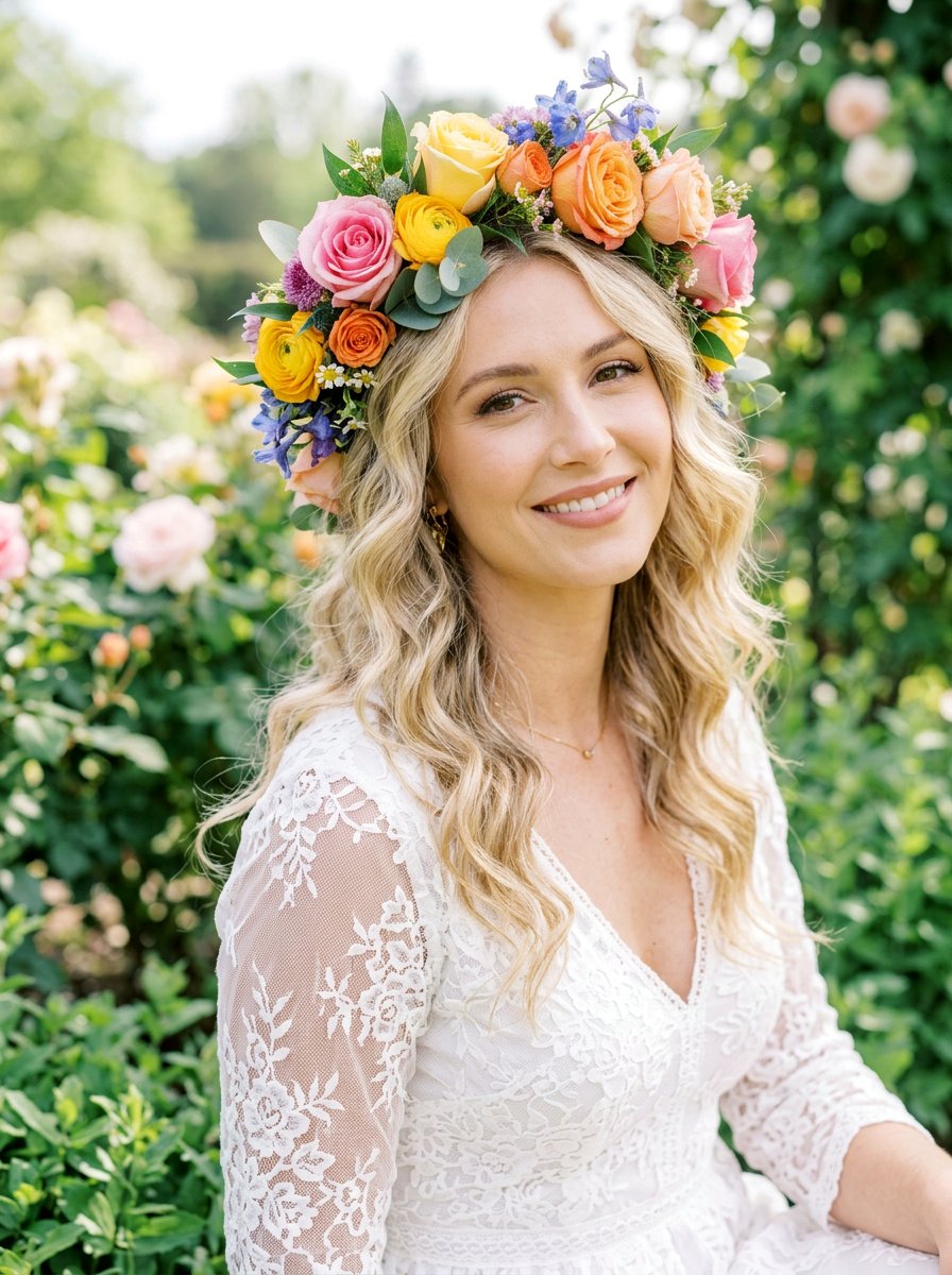 Loose Waves With Flower Crown - 20 wedding hairstyles for garden ceremony - 20 wedding hairstyles for garden ceremony