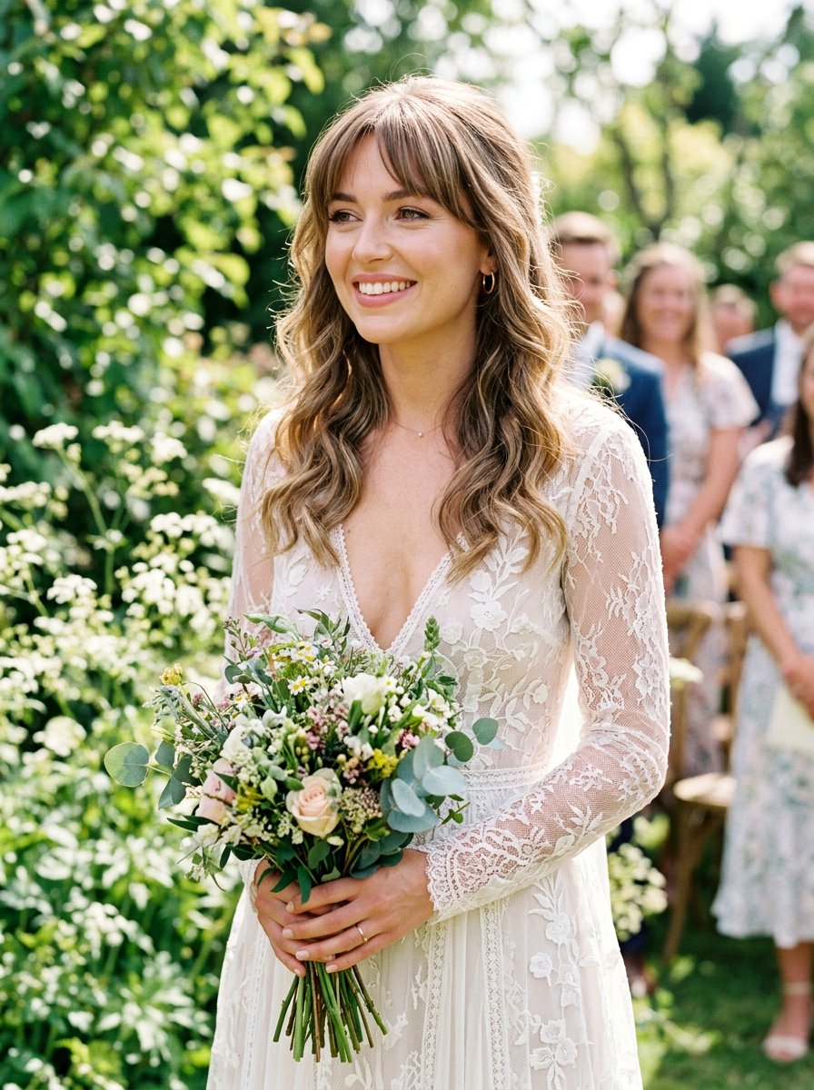 Loose Waves with Bottleneck Bangs - 20 wedding hairstyles for brides with bangs - 20 wedding hairstyles for brides with bangs