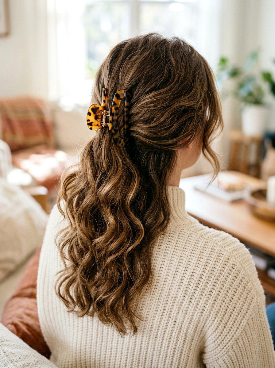 Loose Wavy Ponytail Tortoiseshell Clip - 20 light academia ponytail hairstyle - 20 light academia ponytail hairstyle