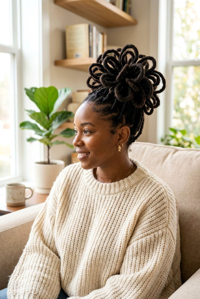 Loose loc petal bun - 20 loc petal bun hairstyle - 20 loc petal bun hairstyle