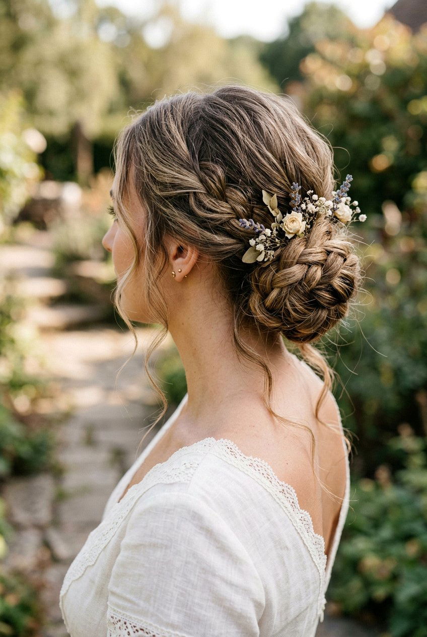 Low Boho Bun Braid With Dried Flowers - 20 boho braid with dried flowers - 20 boho braid with dried flowers