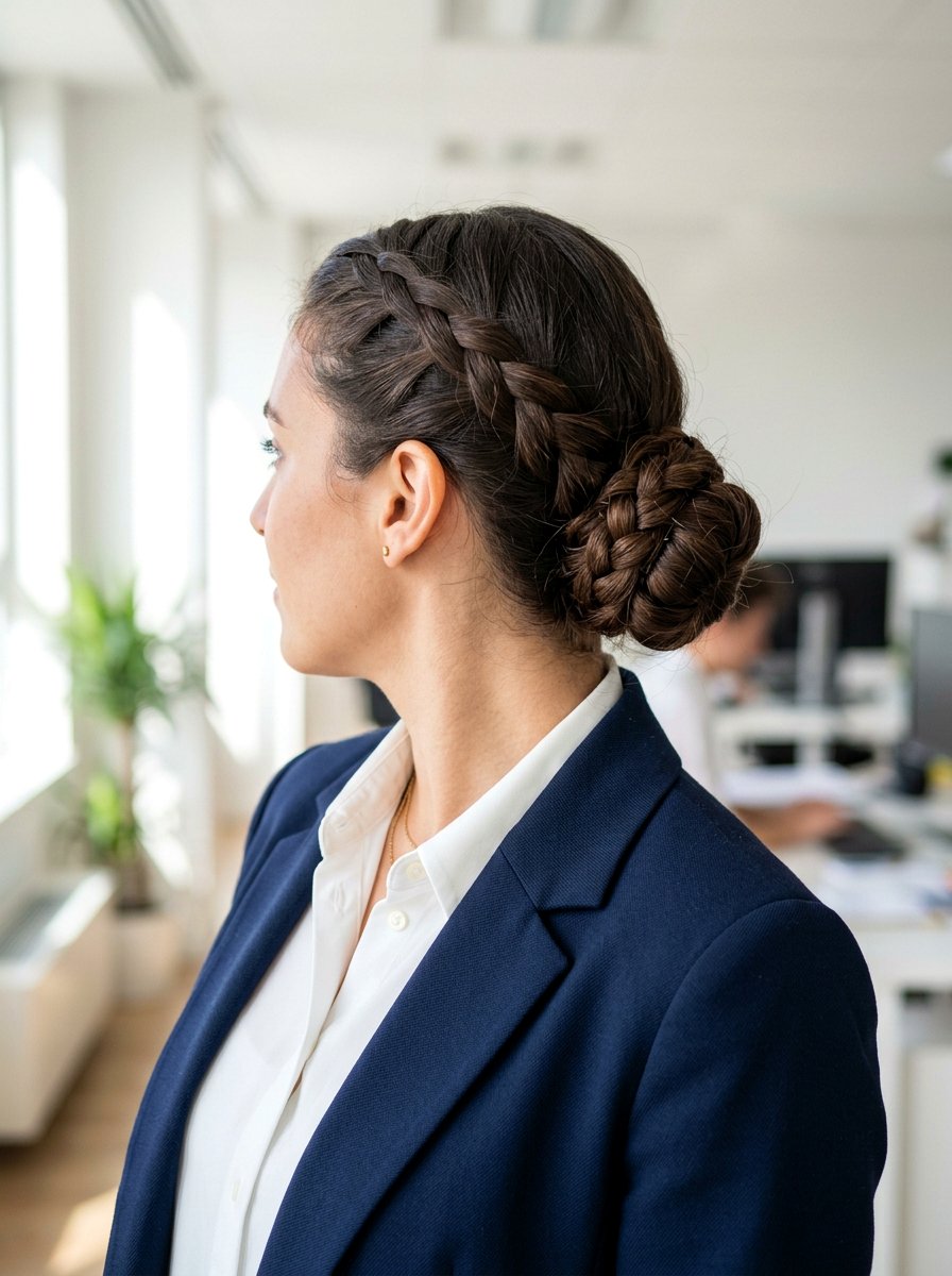 Low Braided Bun - 20 office hairstyle for humid days - 20 office hairstyle for humid days