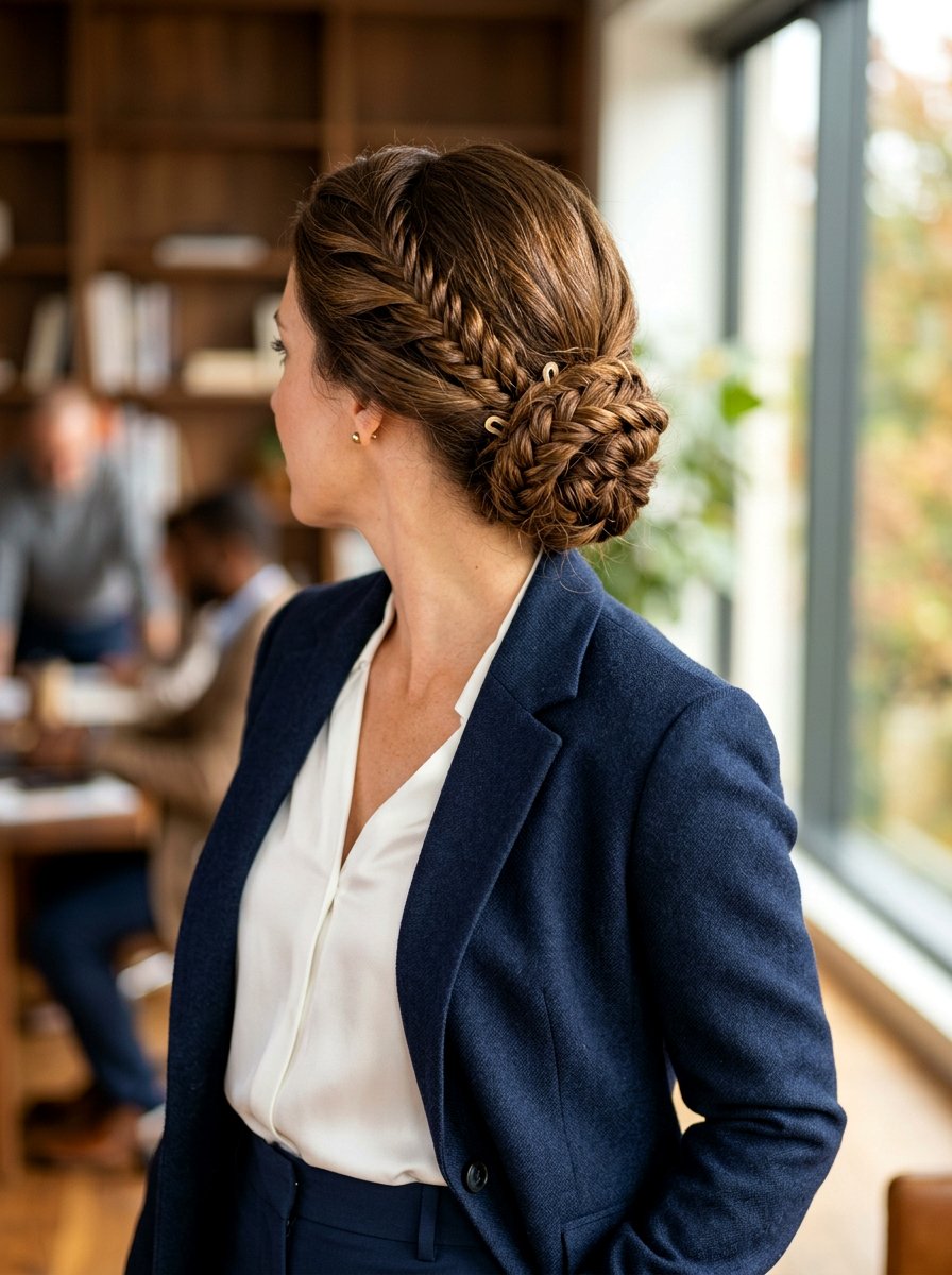 Low Braided Bun - 20 simple hairstyle for work dinner - 20 simple hairstyle for work dinner