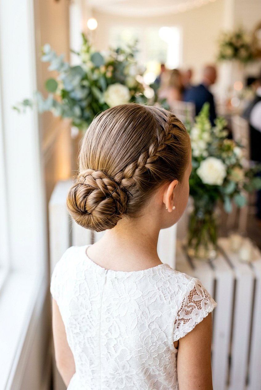 Low Braided Bun - 20 easy curly hairstyles for little girls - 20 easy curly hairstyles for little girls