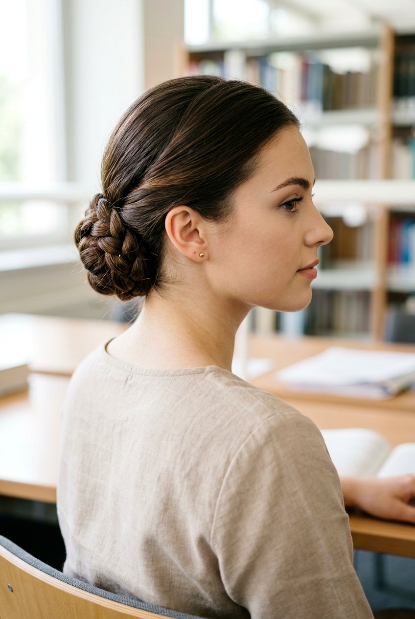 Low Braided Bun Exam Hairstyle - 20 exam day hairstyles - 20 exam day hairstyles
