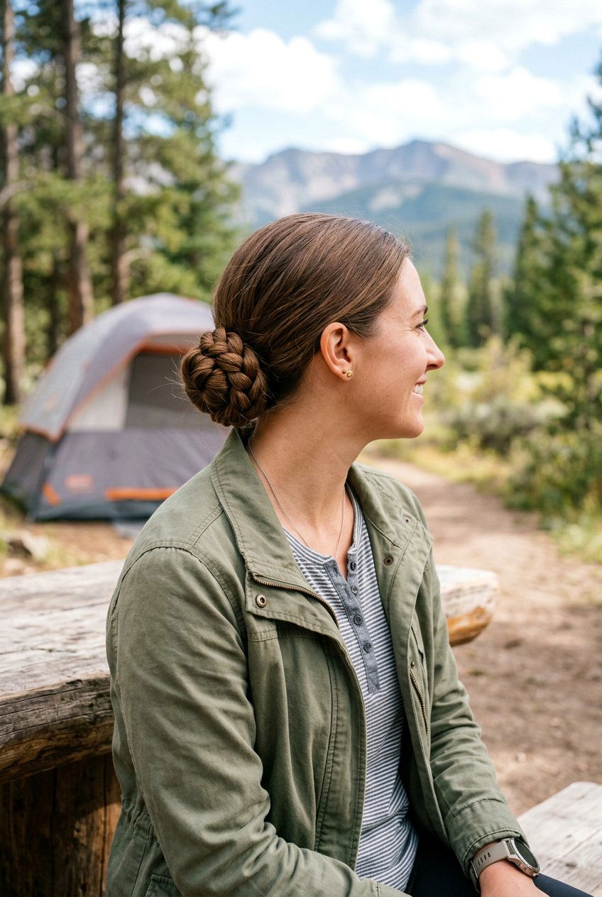 Low Braided Bun For Camping - 20 camping braid bun hairstyle - 20 camping braid bun hairstyle