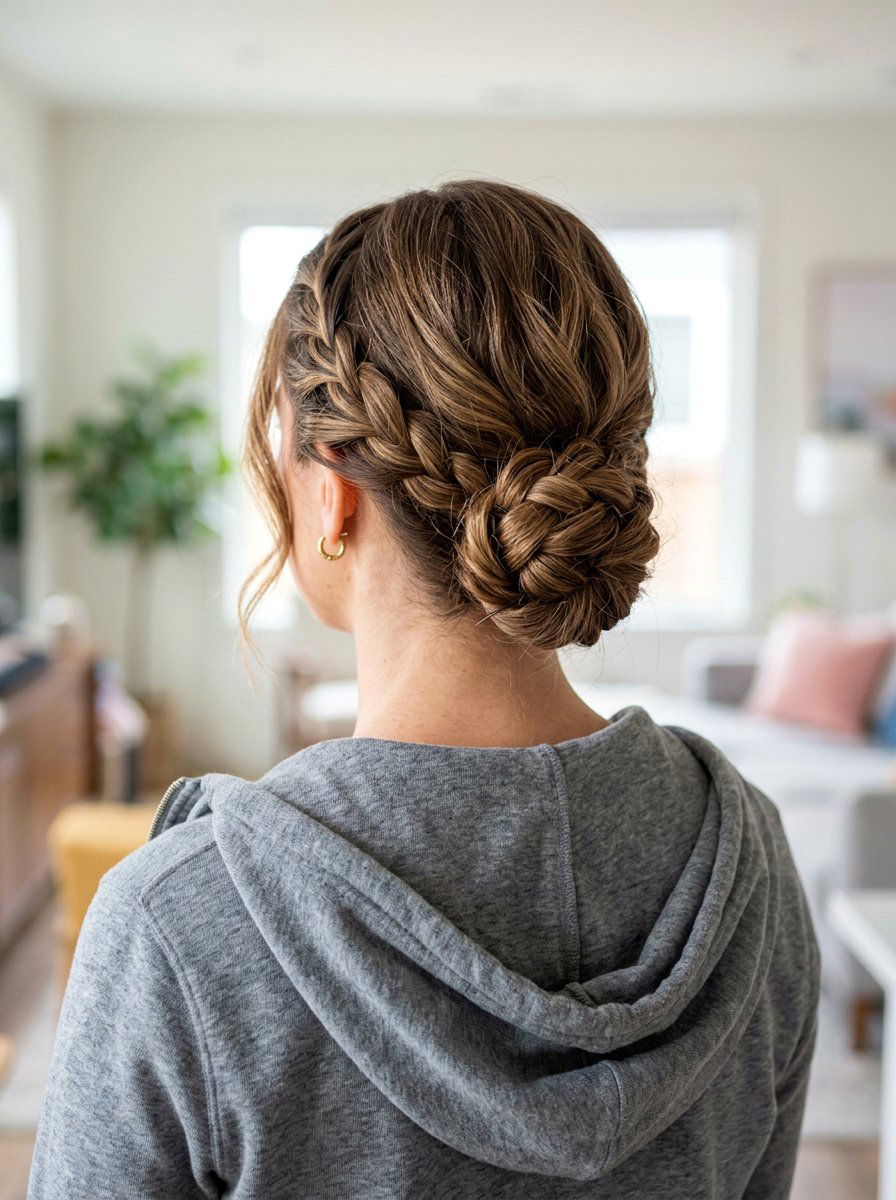 Low Braided Bun For Medium Layers - 20 gym hairstyle for medium layers - 20 gym hairstyle for medium layers