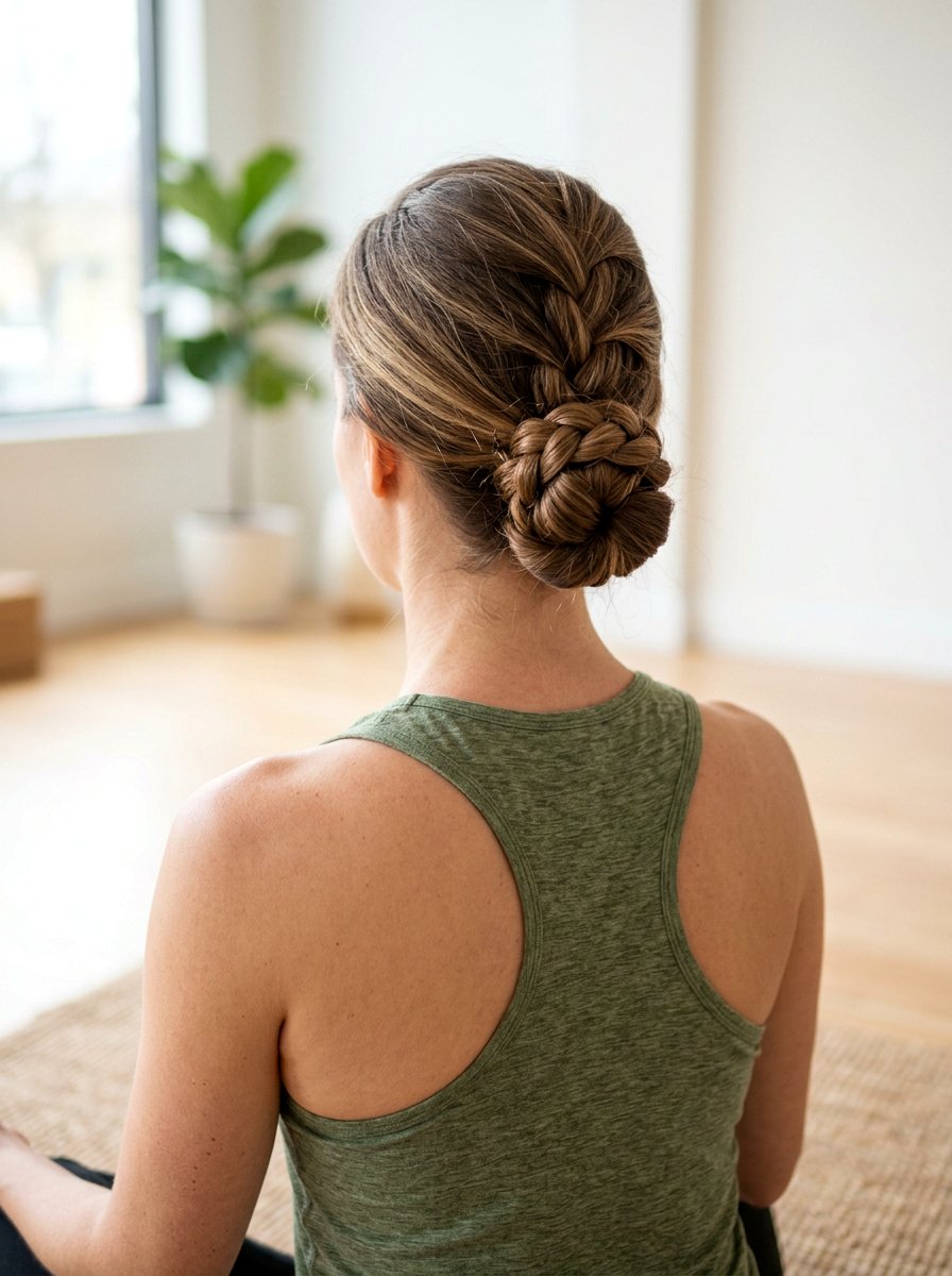 Low Braided Bun For Workouts - 20 gym hairstyle for thick curly hair - 20 gym hairstyle for thick curly hair