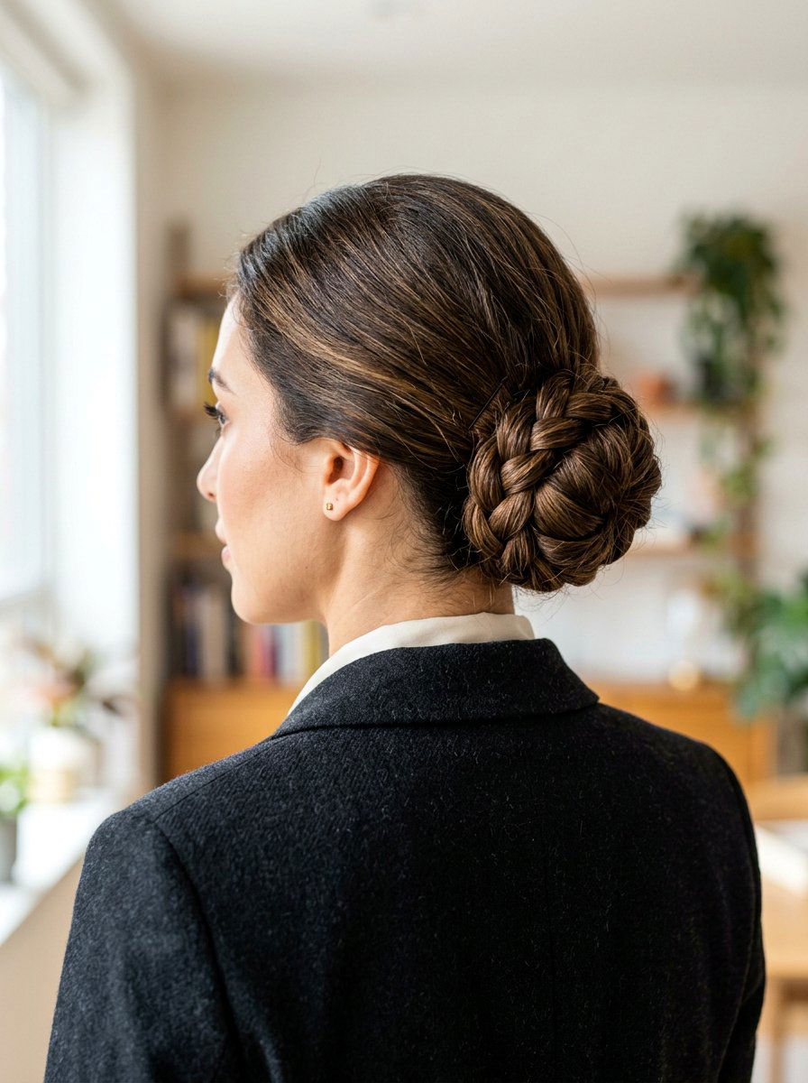 Low Braided Bun Hairstyle - 20 easy hairstyle for office rush - 20 easy hairstyle for office rush