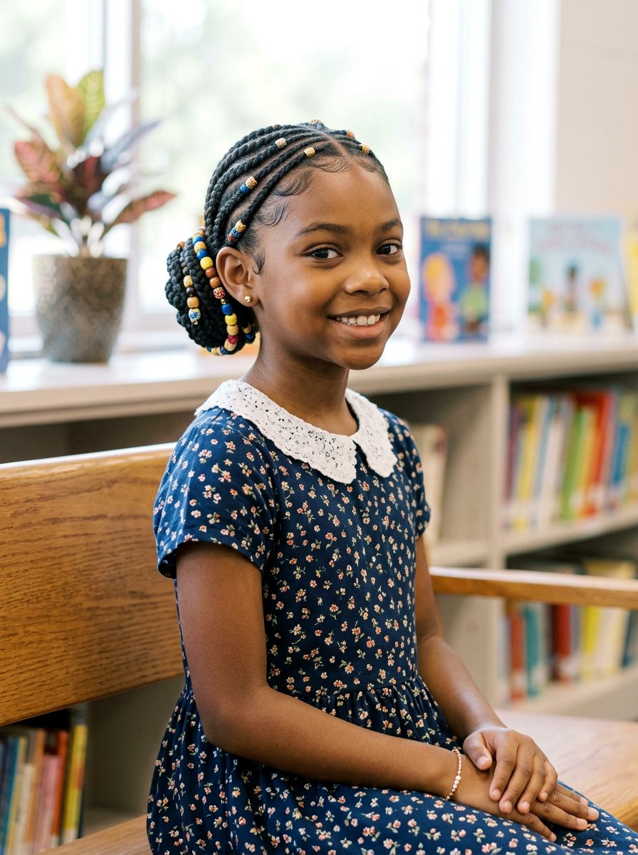 Low Braided Bun With Beads Picture Day - 20 picture day braids for black girls - 20 picture day braids for black girls
