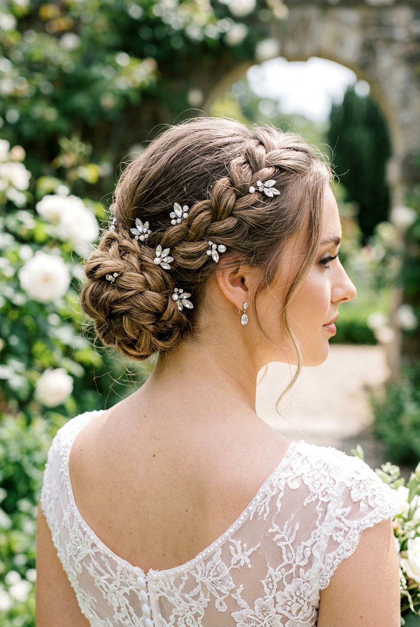 Low Braided Bun With Crystal Hairpins - 20 crystal hairpin bridal hairstyle - 20 crystal hairpin bridal hairstyle