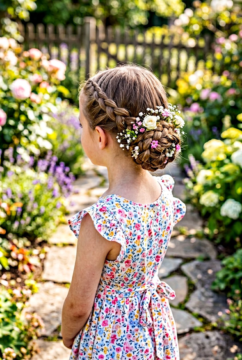Low Braided Bun With Flowers - 20 little girls school bun hairstyle - 20 little girls school bun hairstyle