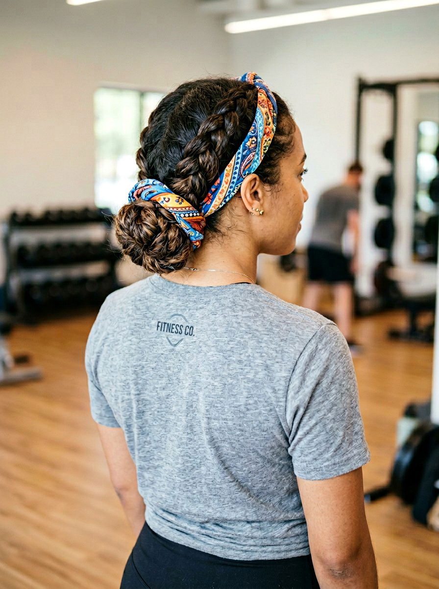 Low Braided Bun With Scarf - 20 gym hairstyle with low braid bun - 20 gym hairstyle with low braid bun