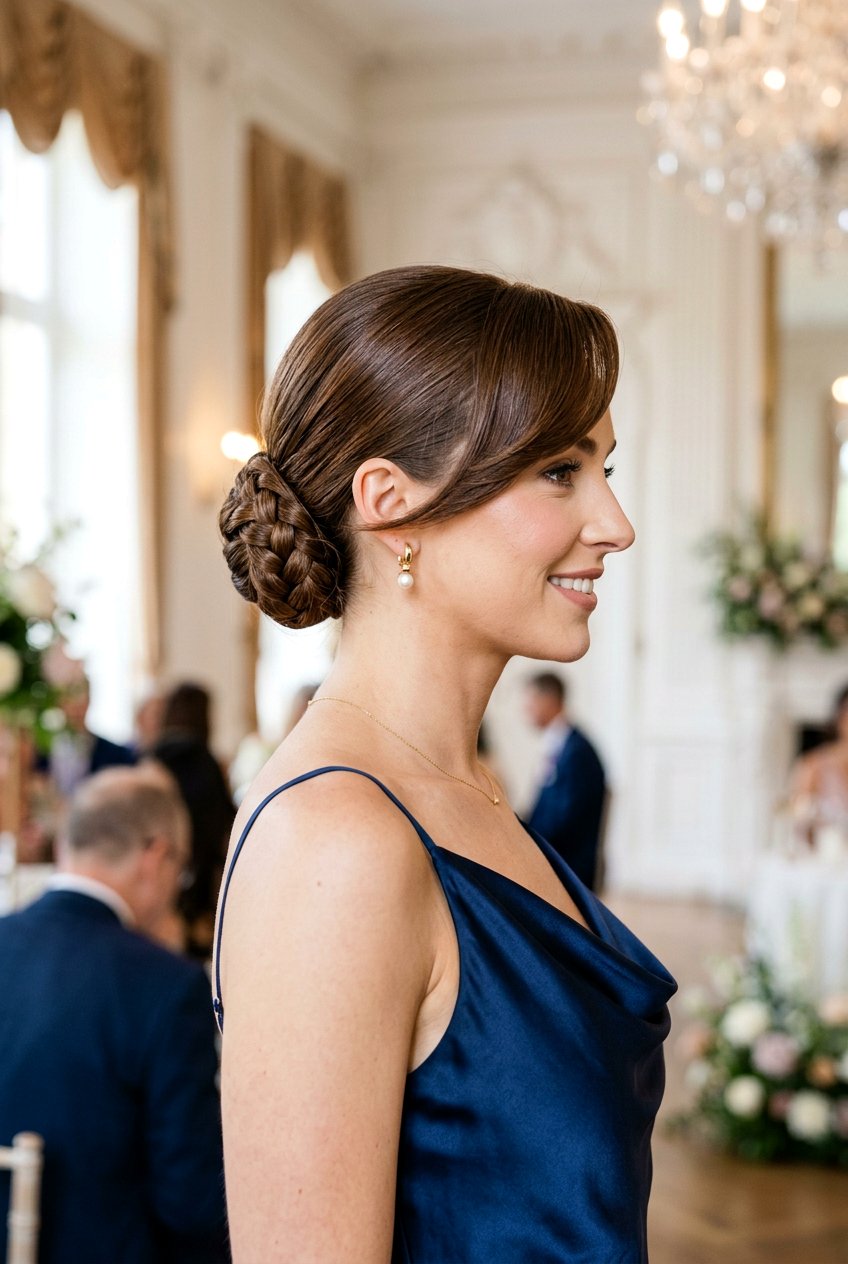 Low Braided Bun With Side Swoop - 20 braided bun with swoop bangs - 20 braided bun with swoop bangs