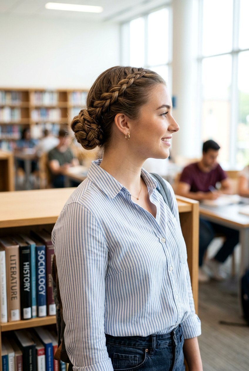 Low Braided Bun - 20 braid hairstyle for college girls - 20 braid hairstyle for college girls